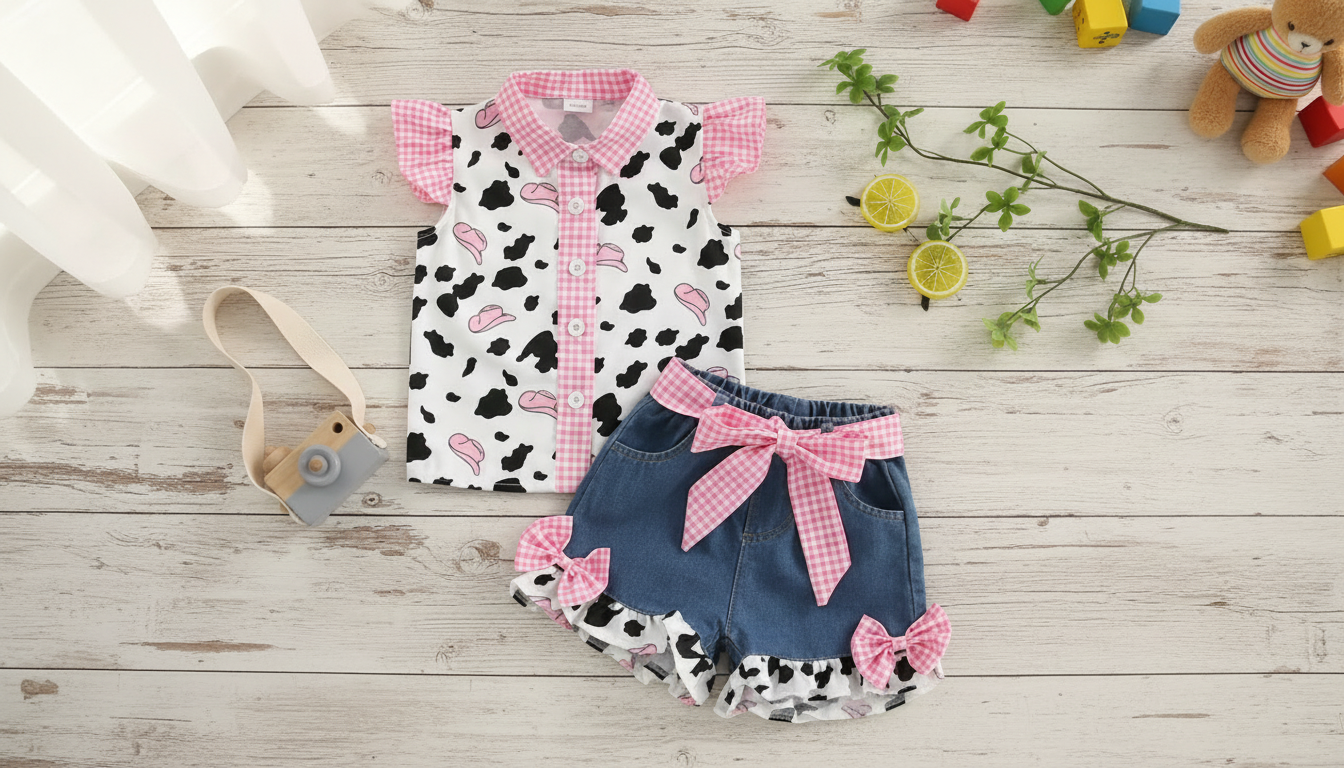 Toddler Cow Print Button-Up Set with Ruffle Denim Shorts